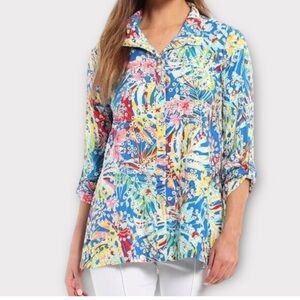 John Mark Blue floral embroidered eyelet lace roll tab sleeves back button L top